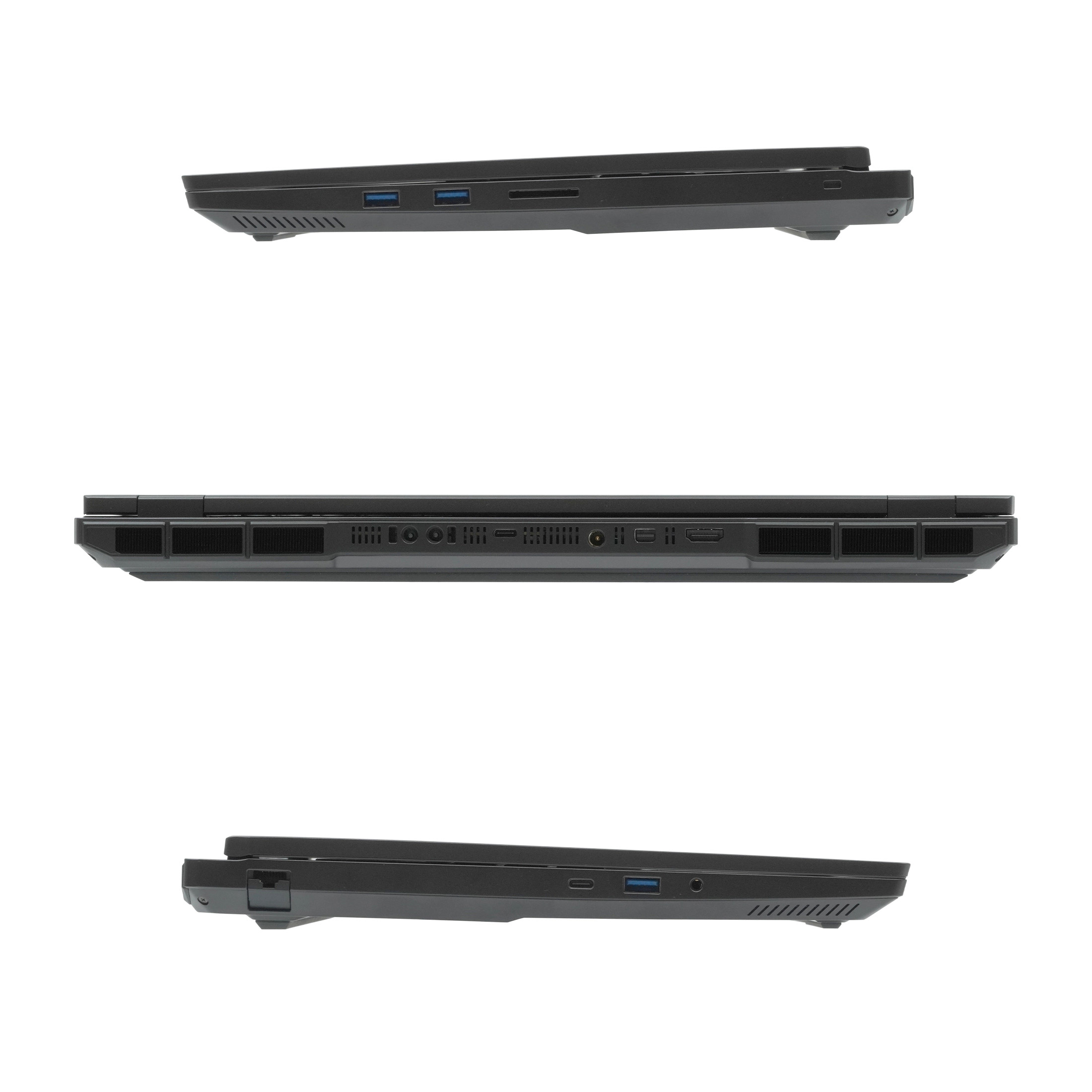 Drei Ansichten eines schwarzen Laptops. Seiten, Ober- und Unterseite sind sichtbar.