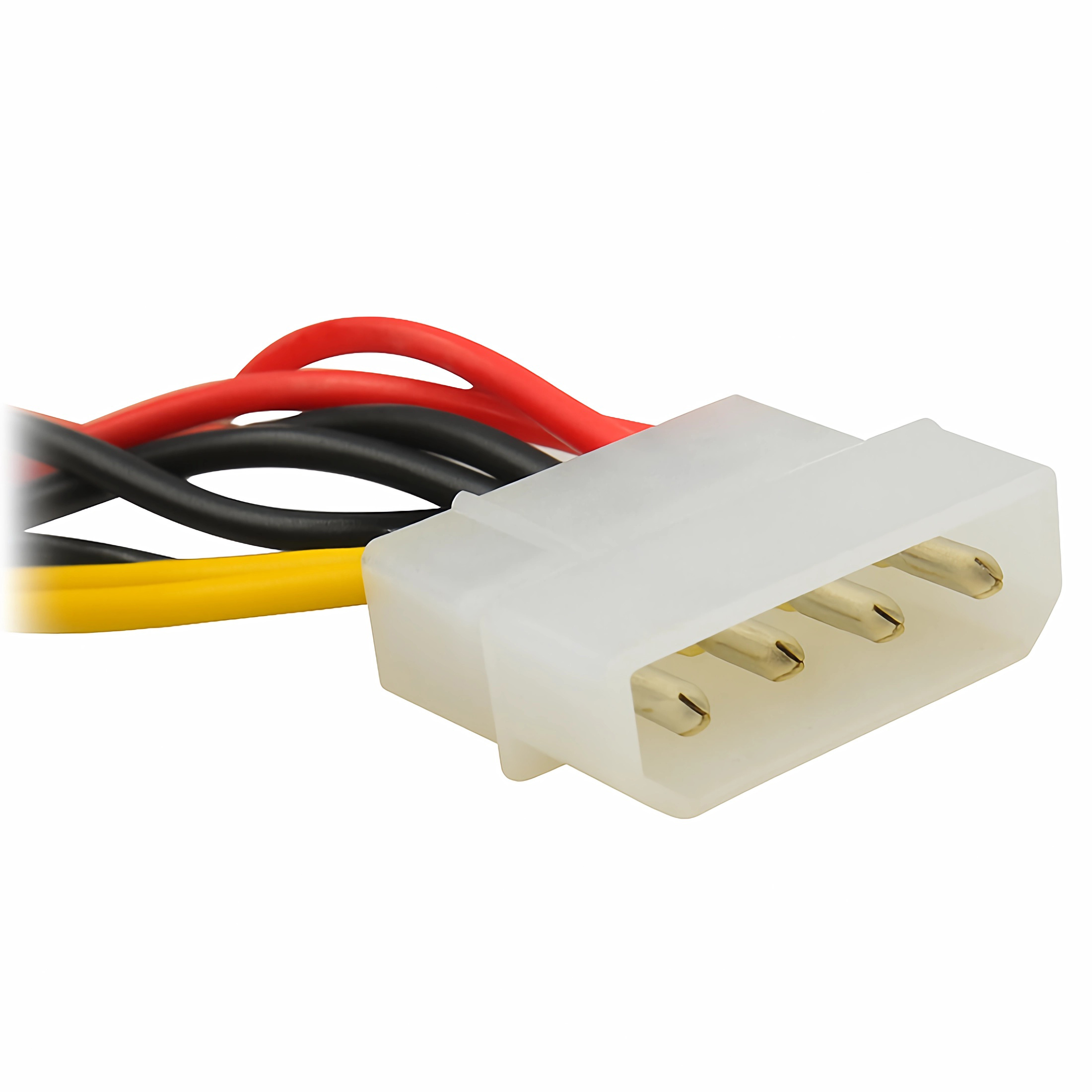 Nahaufnahme eines Netzkabels mit vier Drähten: rot, schwarz, gelb und einem weißen Stecker.