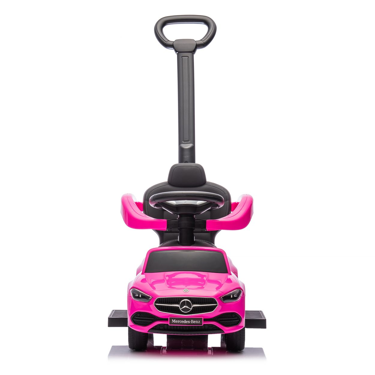 Rosa Mercedes-Benz Spielzeugauto mit Schiebegriff. Das Auto hat ein Lenkrad und Fußstützen.