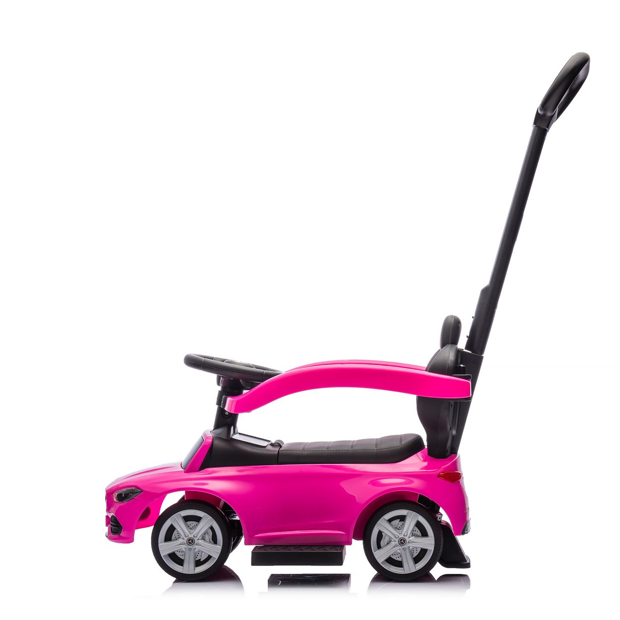 Ein rosa Spielzeugauto mit Griff, von der Seite gesehen.