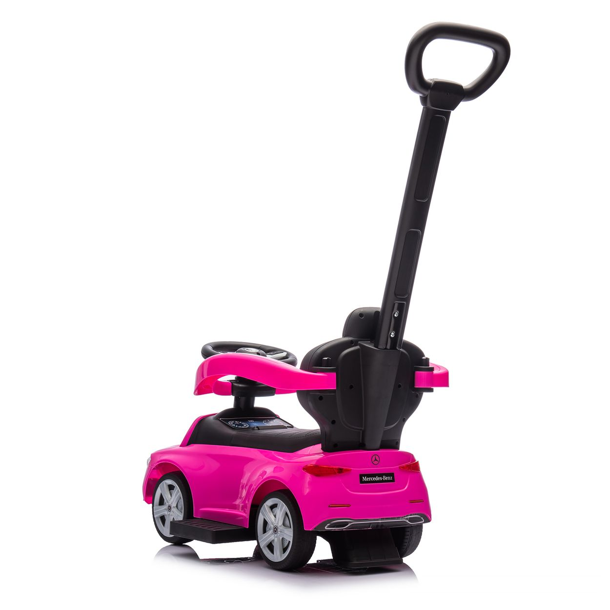 Rosa Mercedes-Benz Spielzeugauto mit Schiebegriff. Rückansicht mit Autodetails und Griff.