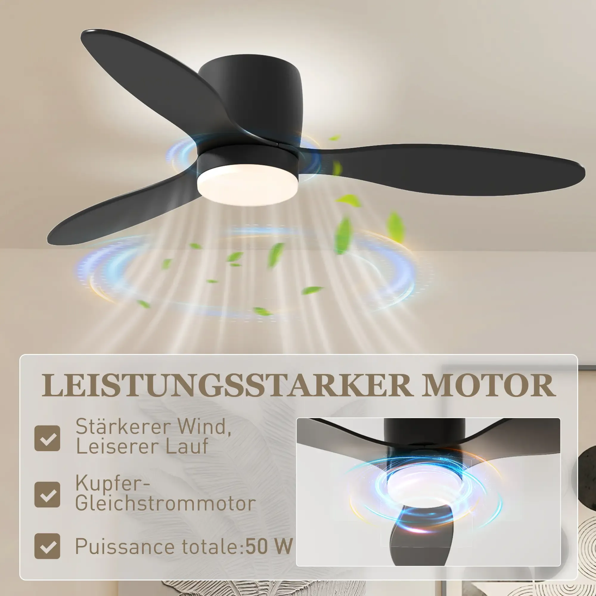 Schwarzer Deckenventilator mit drei Flügeln, weißem Licht und Text über den Motor.