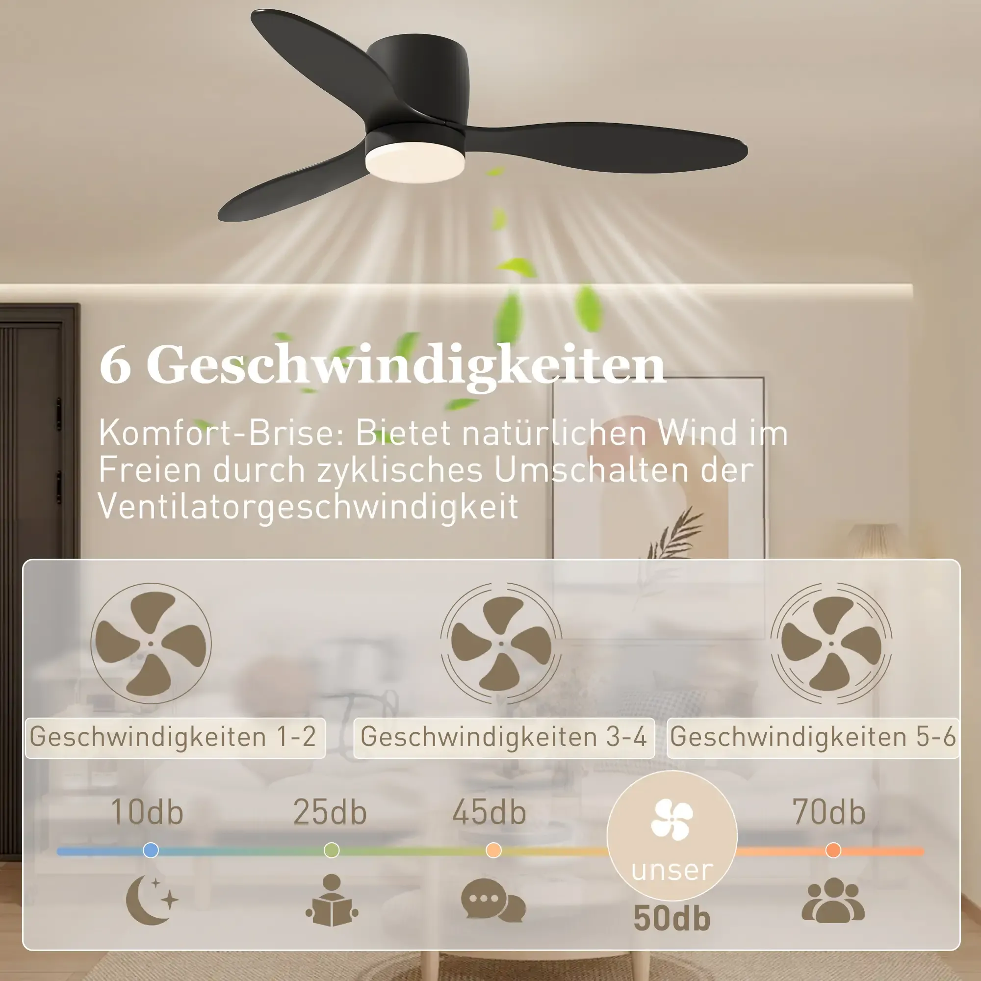 Ein Deckenventilator mit schwarzen Flügeln und Licht, Diagramme zeigen verschiedene Geschwindigkeiten.