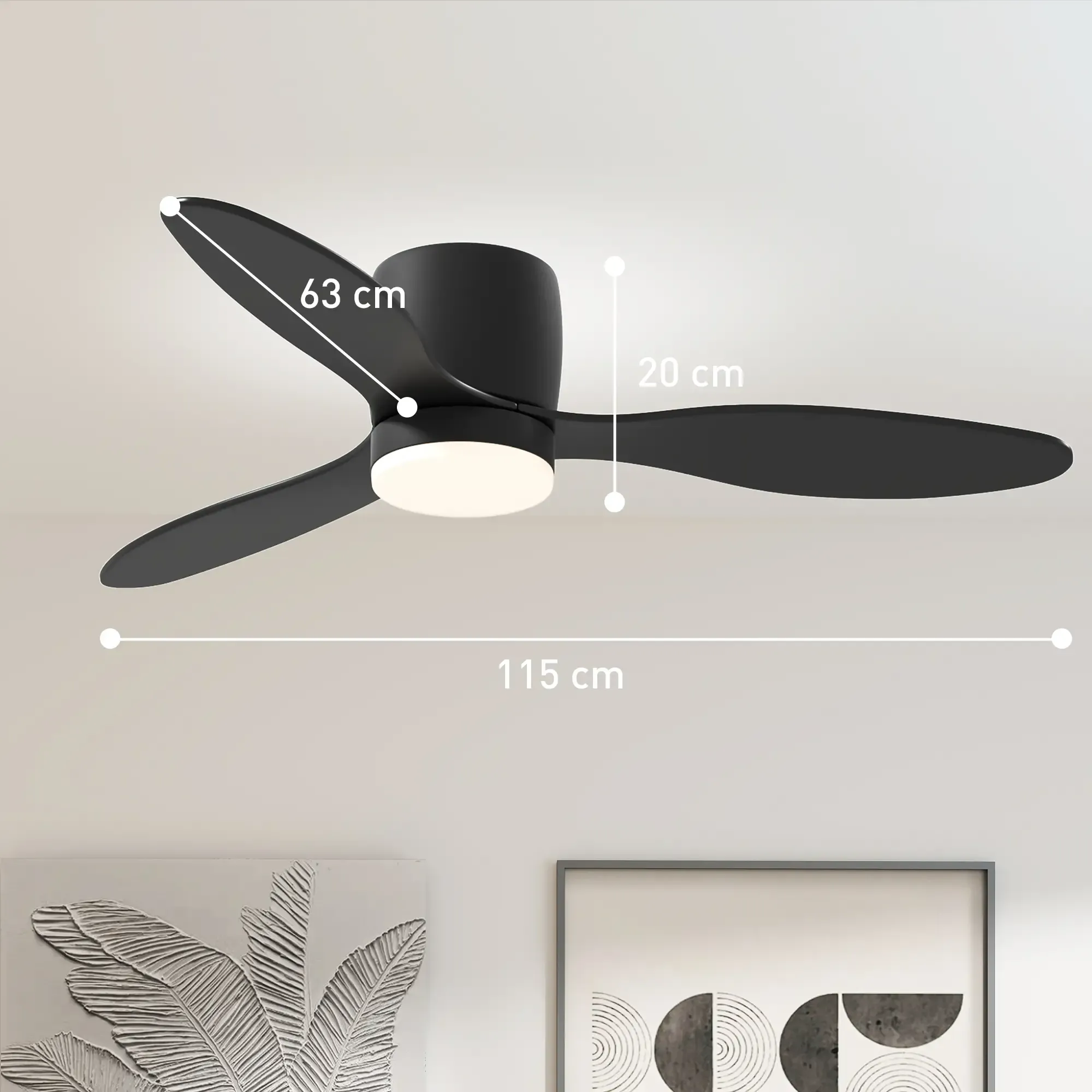 Ein schwarzer Deckenventilator mit drei Flügeln, mit Maßangaben im Bild.