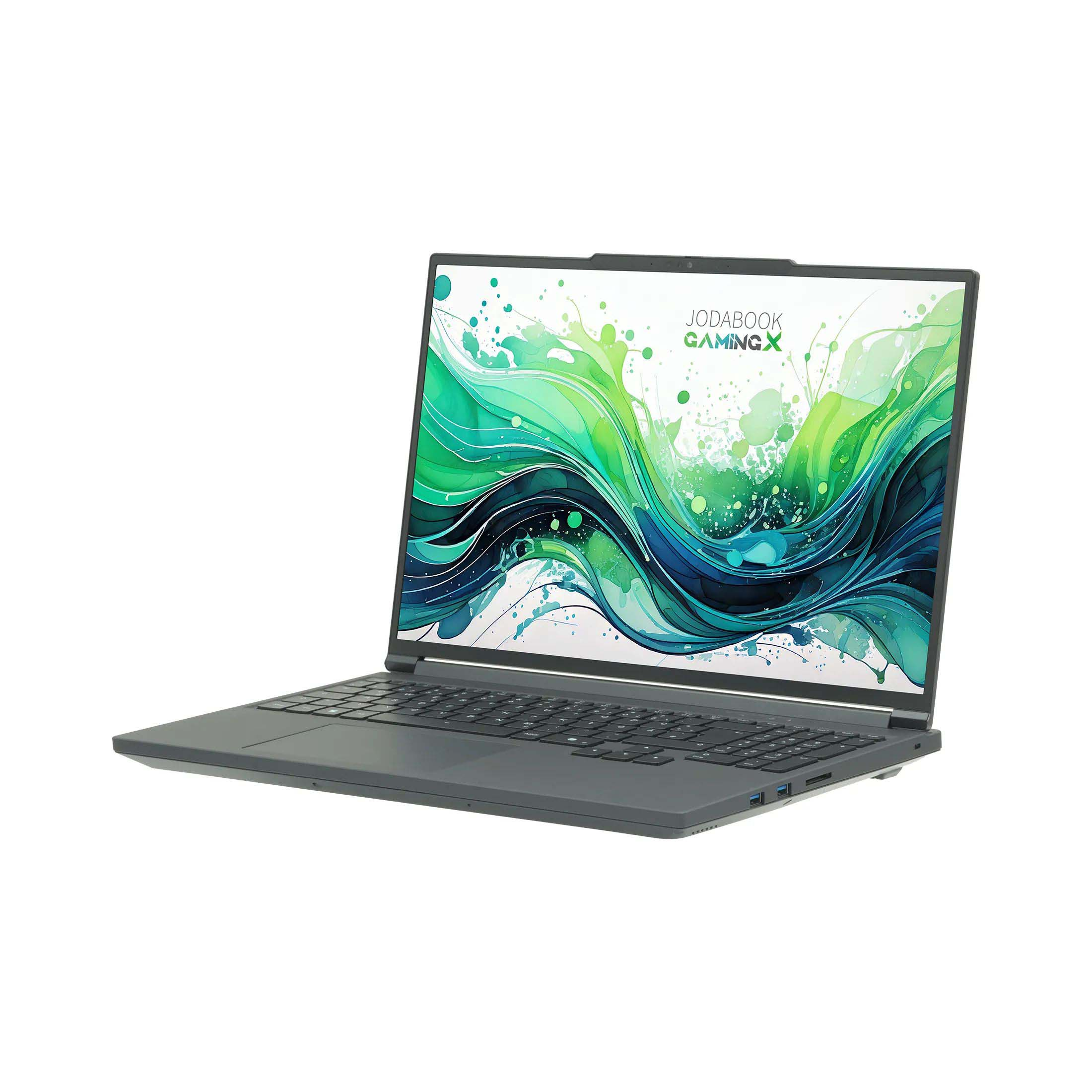 Ein dunkelgrauer Laptop, dessen Bildschirm ein farbenfrohes abstraktes Design anzeigt. Weißer Hintergrund.