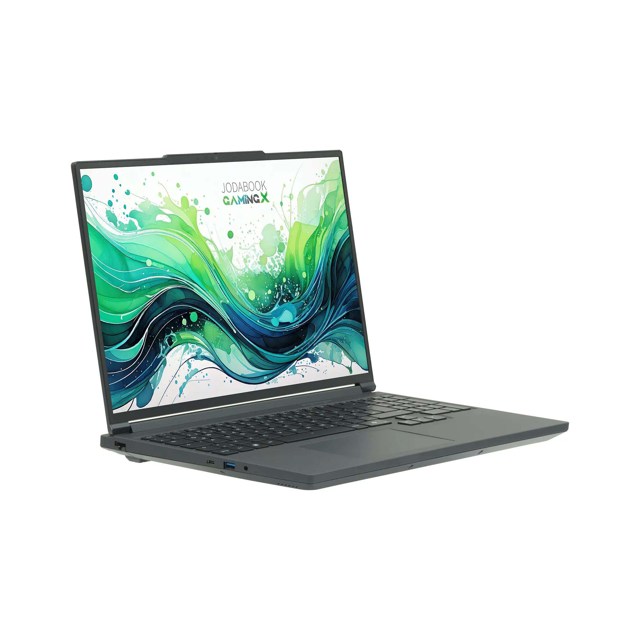 Ein dunkelgrauer Laptop, dessen Bildschirm ein farbenfrohes abstraktes Design anzeigt. Weißer Hintergrund.