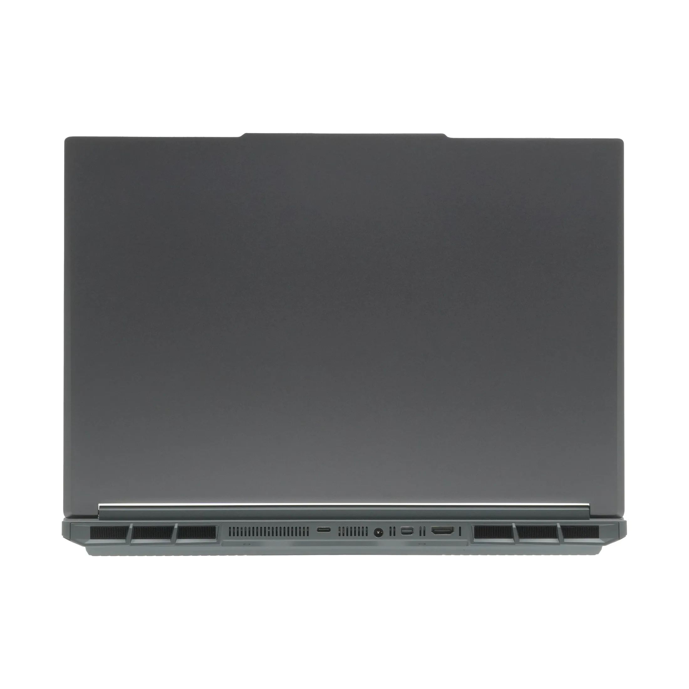 Ein dunkelgrauer Laptop, Draufsicht. Die Rückseite zeigt Belüftung und Anschlüsse. Weißer Hintergrund.