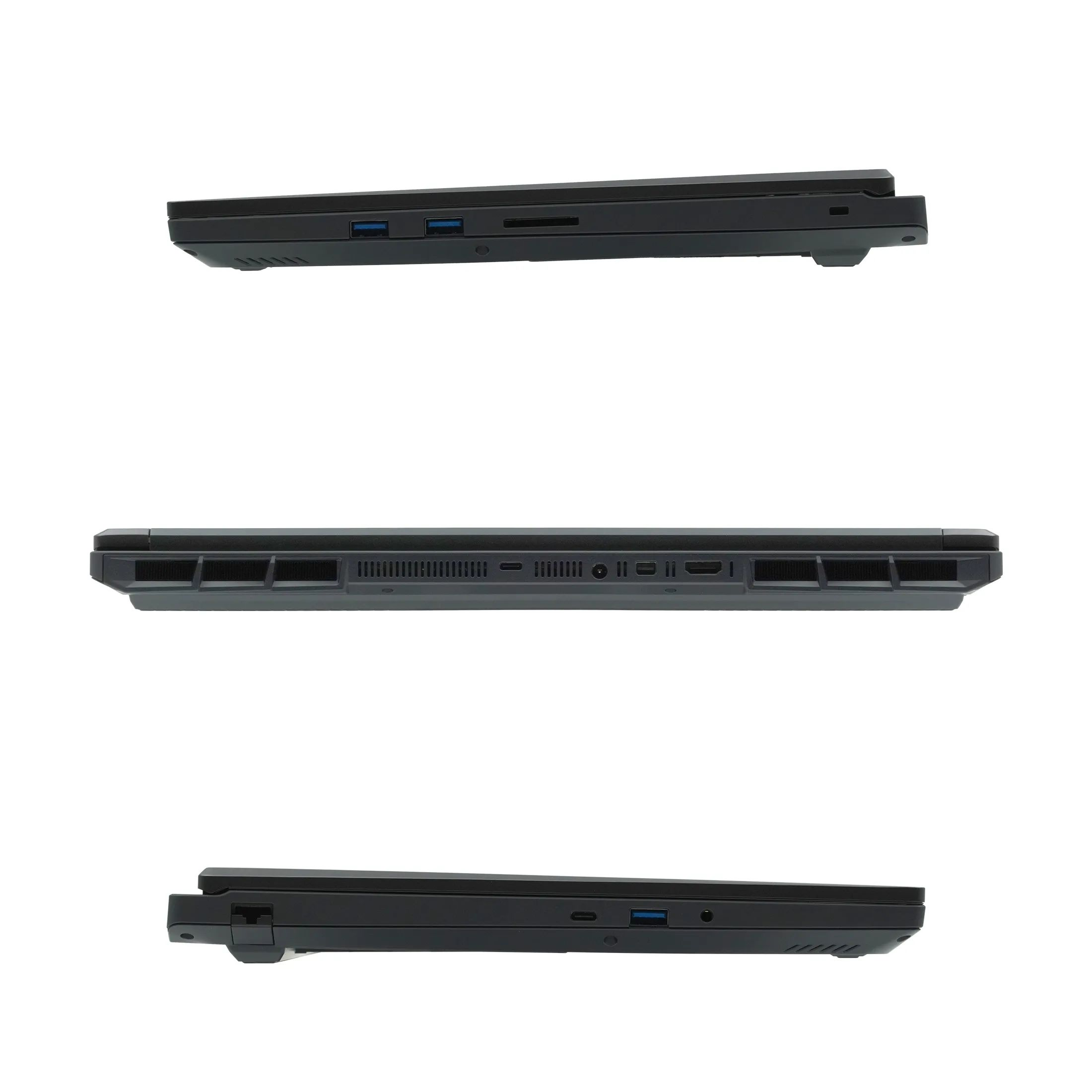 Drei Ansichten eines schwarzen Laptops, die Seiten mit Anschlüssen zeigen. Weißer Hintergrund.