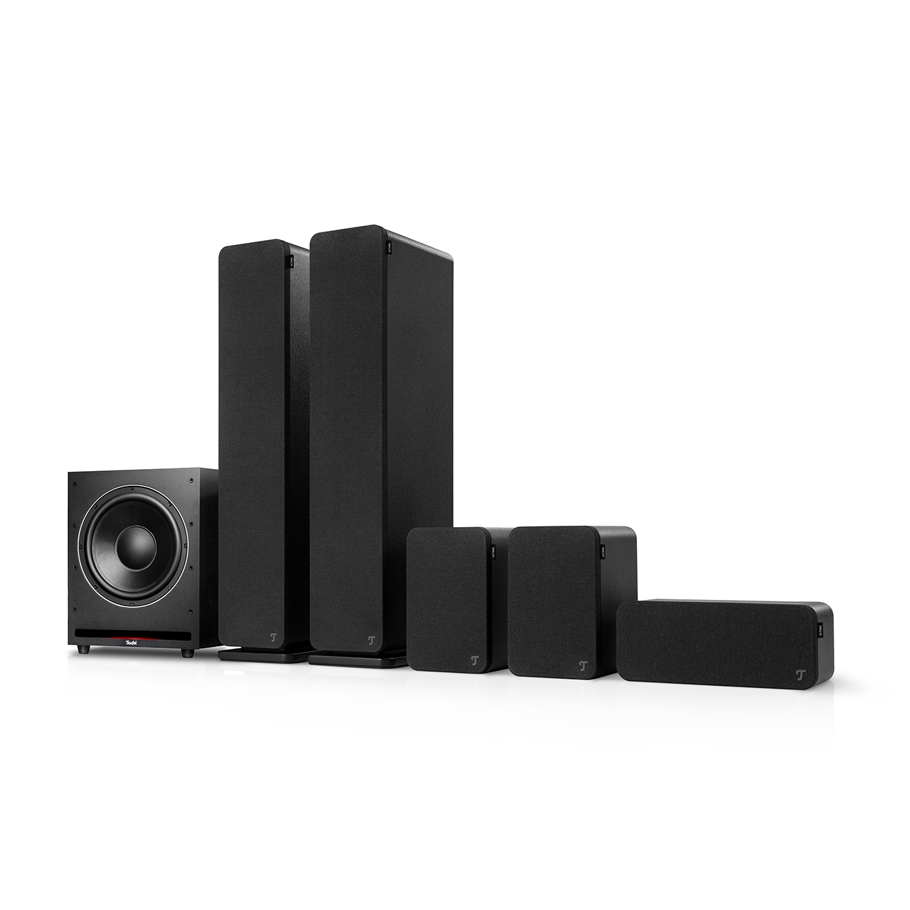 Ein Set schwarzer Lautsprecher in verschiedenen Größen auf weißem Hintergrund. Subwoofer enthalten.