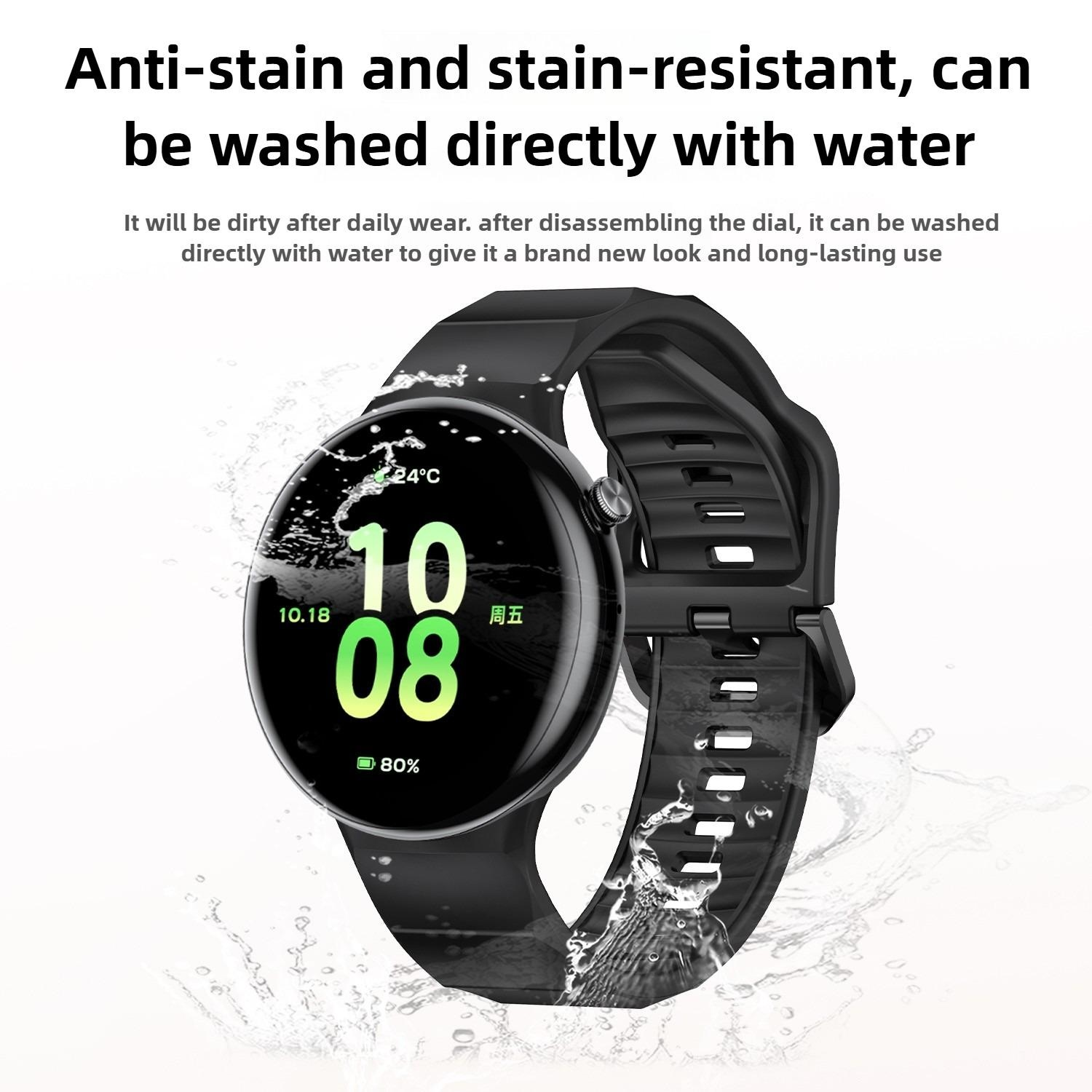 Smartwatch mit schwarzem Armband im Wasser, das Zeit, Datum und Akkustand anzeigt.