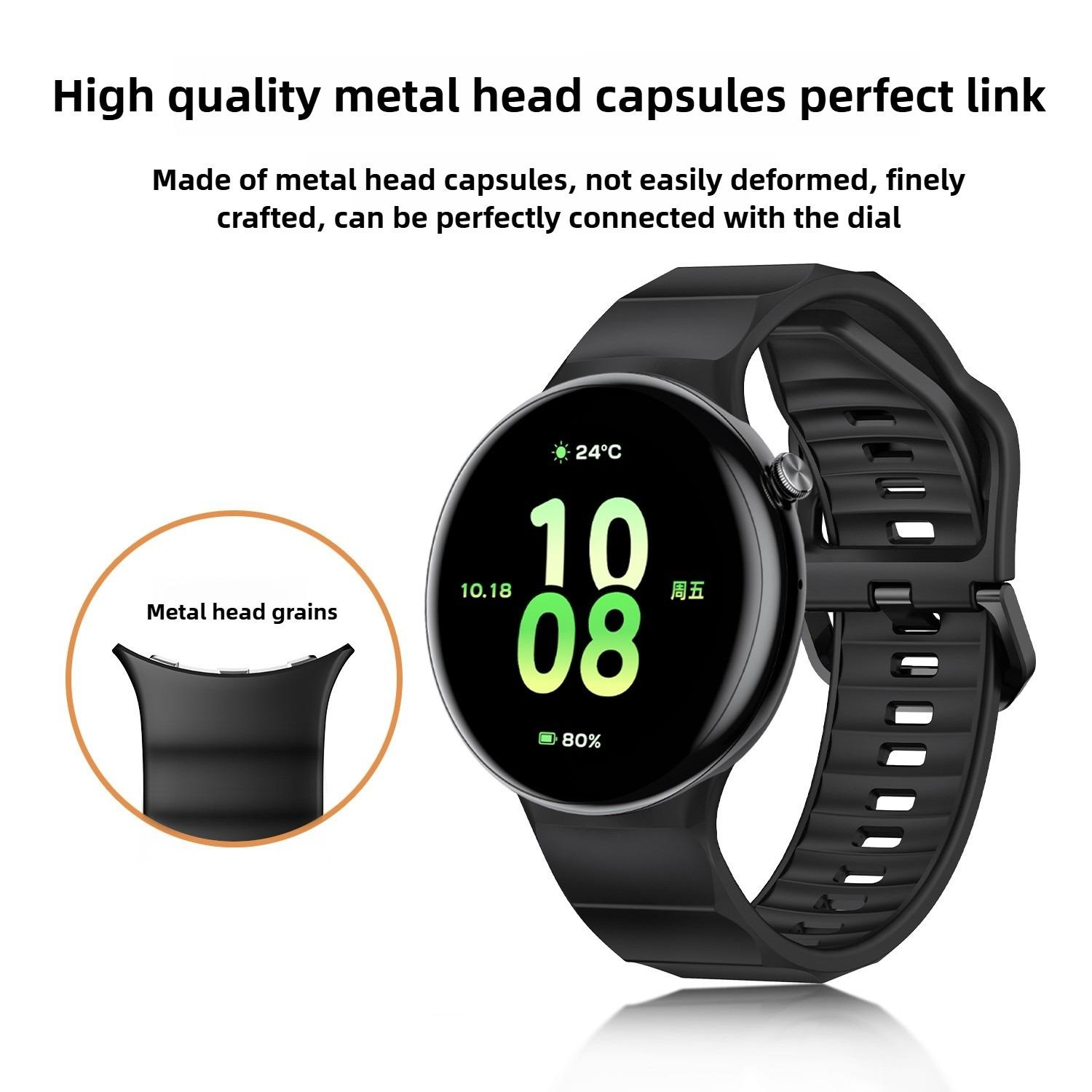 Smartwatch mit schwarzem Armband, das Datum, Uhrzeit, Temperatur und Akkulaufzeit mit Details anzeigt.