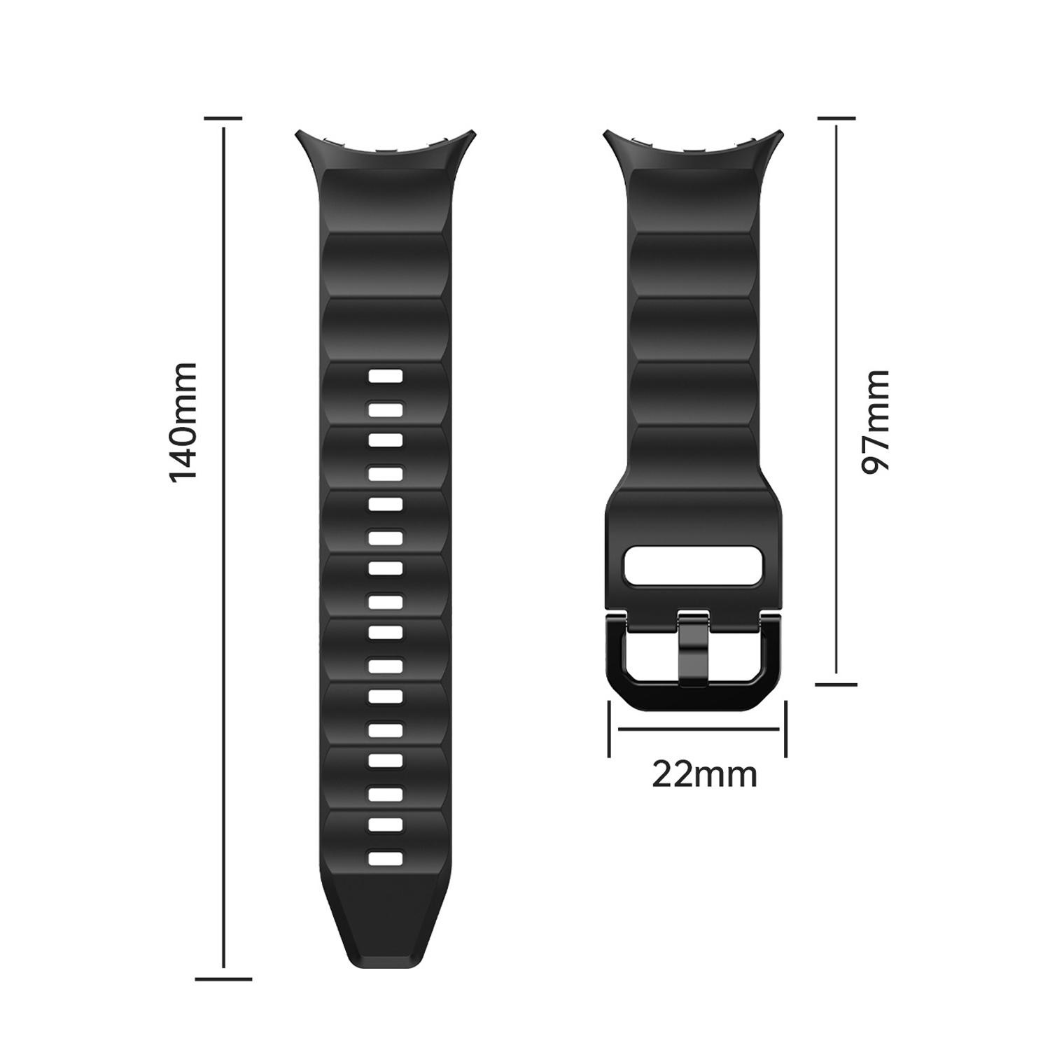 Schwarzes Uhrenarmband mit Maßen. Eine Seite hat Löcher.