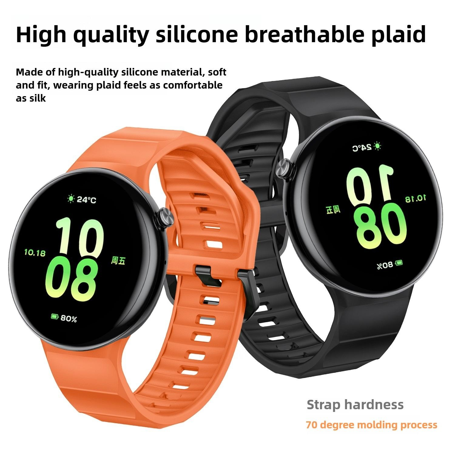 Zwei Smartwatches. Eine orange, die andere schwarz. Texte auf dem Zifferblatt.