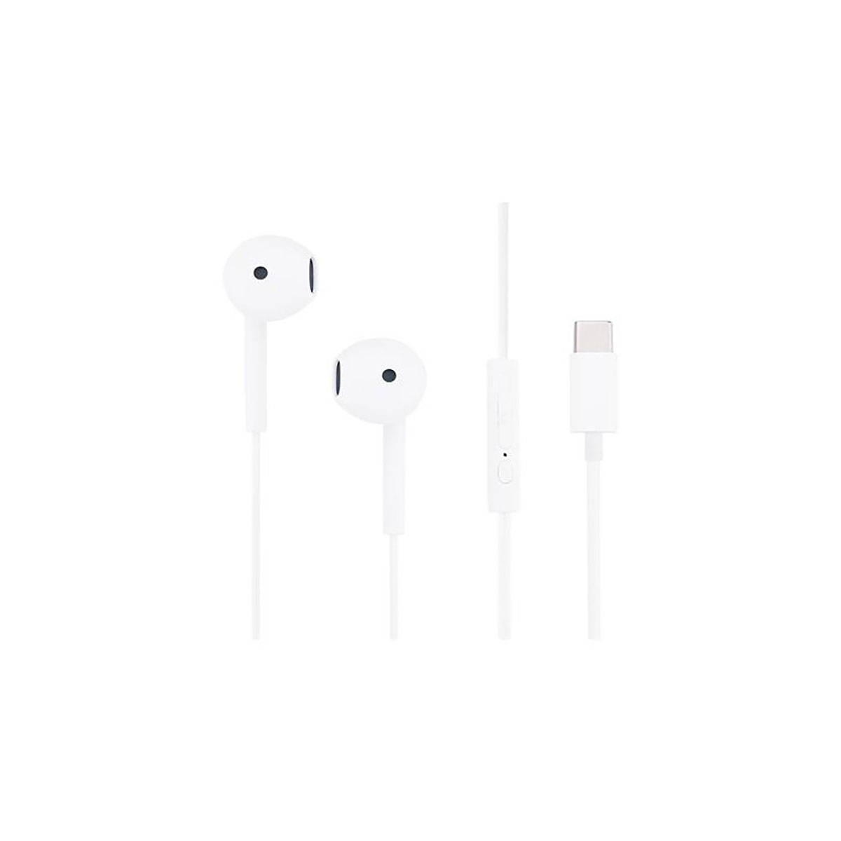Auricolari bianchi con controllo e connettore USB-C. Isolati su bianco.