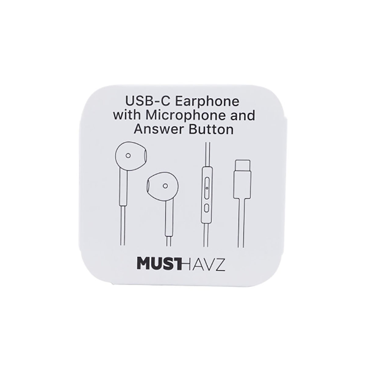 Diagramma di un auricolare USB-C con microfono e pulsante di risposta, in un quadrato bianco.