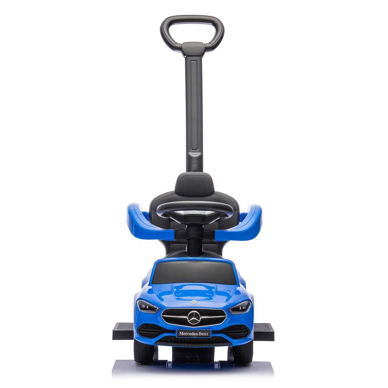 Coche de juguete azul con asa, asiento para niños y luces delanteras, en un estudio blanco.