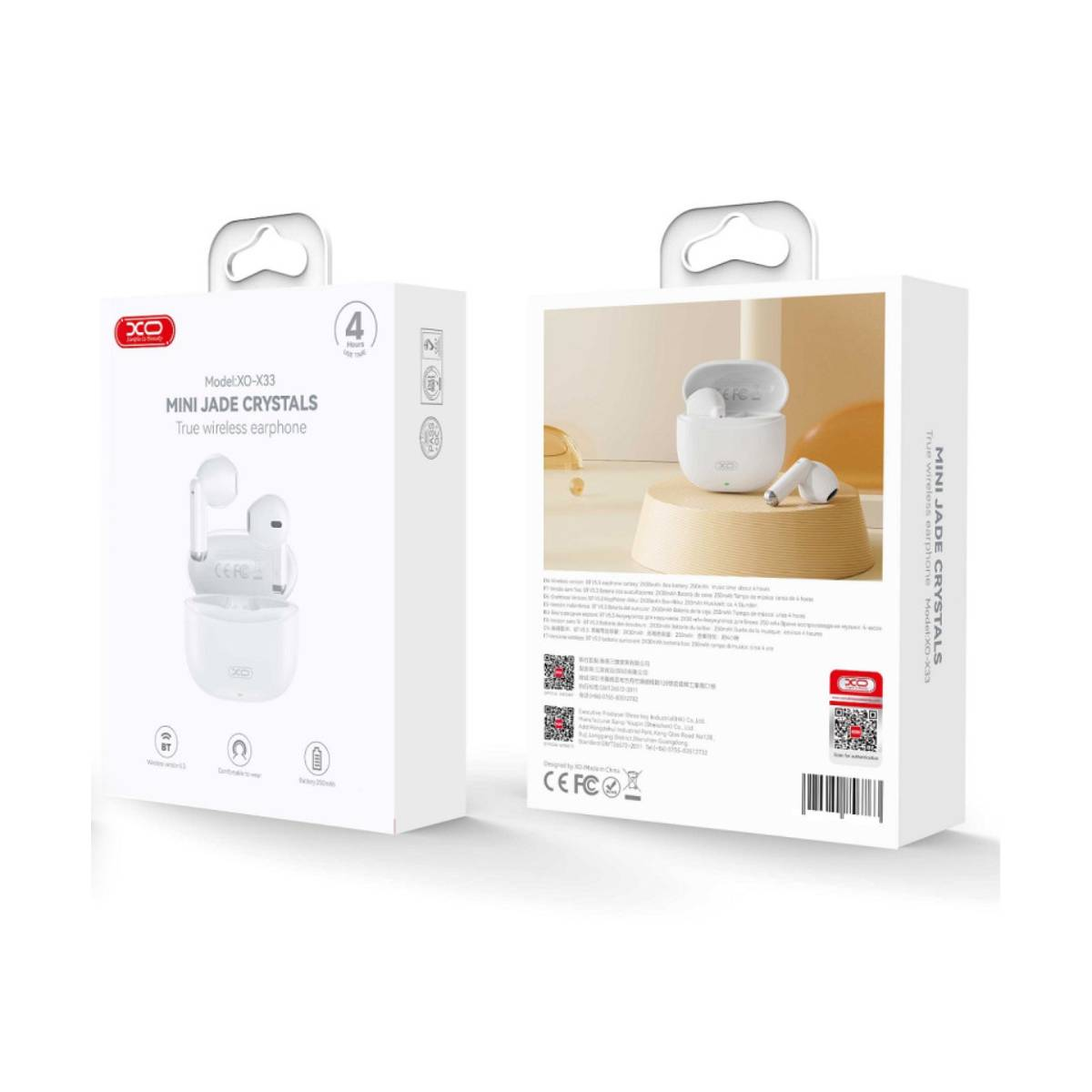 Due scatole di auricolari wireless bianchi. Una aperta che mostra gli auricolari, l'altra con testo.