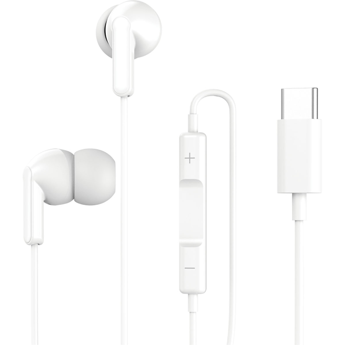 Auricolari bianchi con microfono e connettore USB-C. Pulsanti di controllo bianchi.