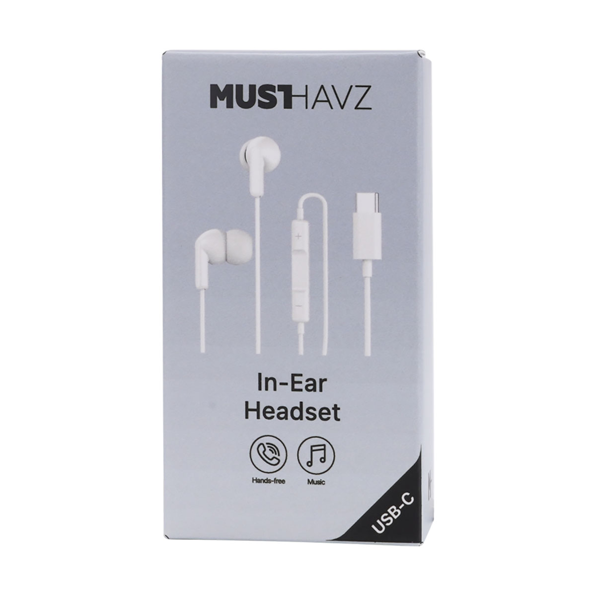 Auricolari bianchi con una scatola bianca che dice 'In-Ear Headset' e 'MUSTHAVZ' in alto.