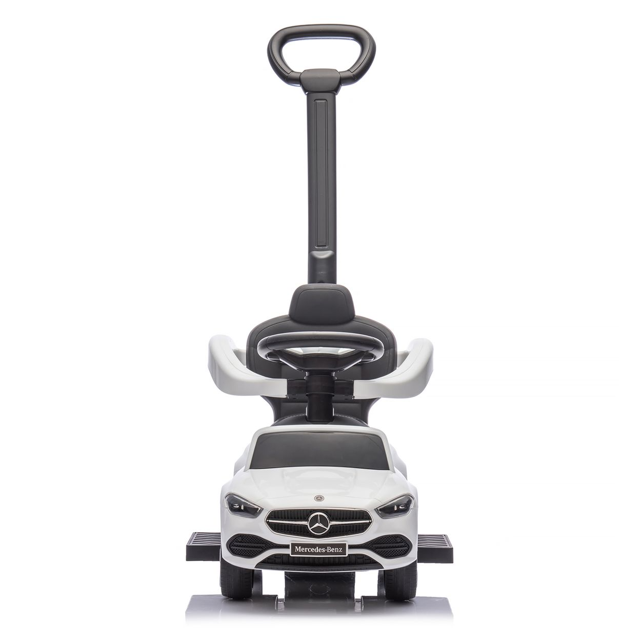 Weißes Spielzeugauto mit Griff. Es hat schwarze Akzente und ein Mercedes-Benz-Logo.