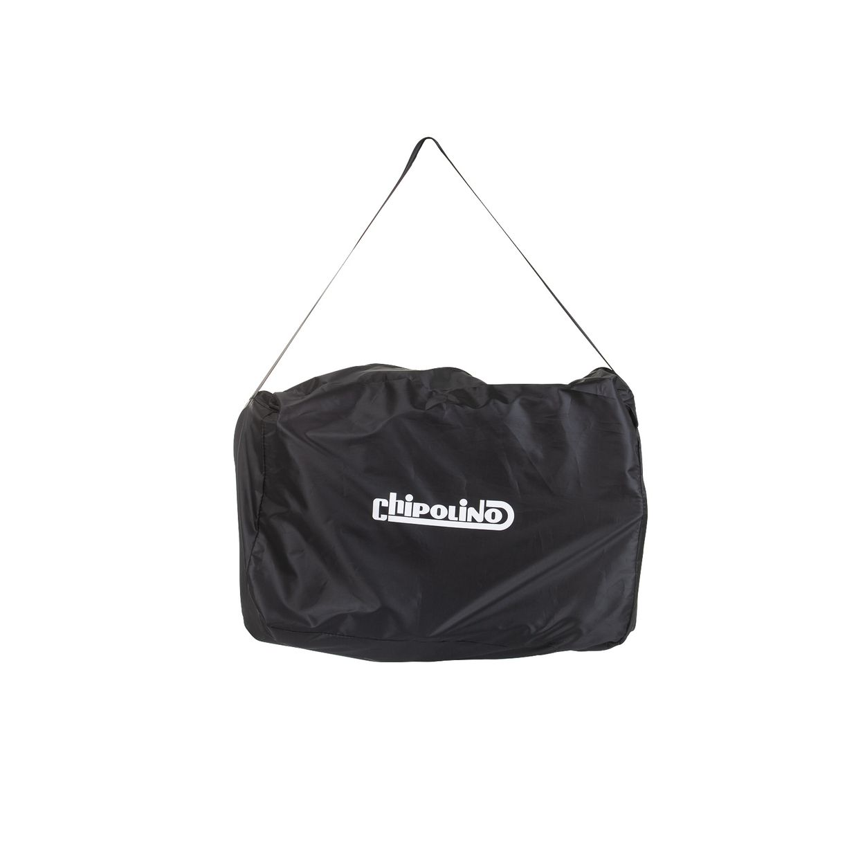 Schwarze Tasche mit weißem 'chipolino'-Logo, hängt an einem Riemen.