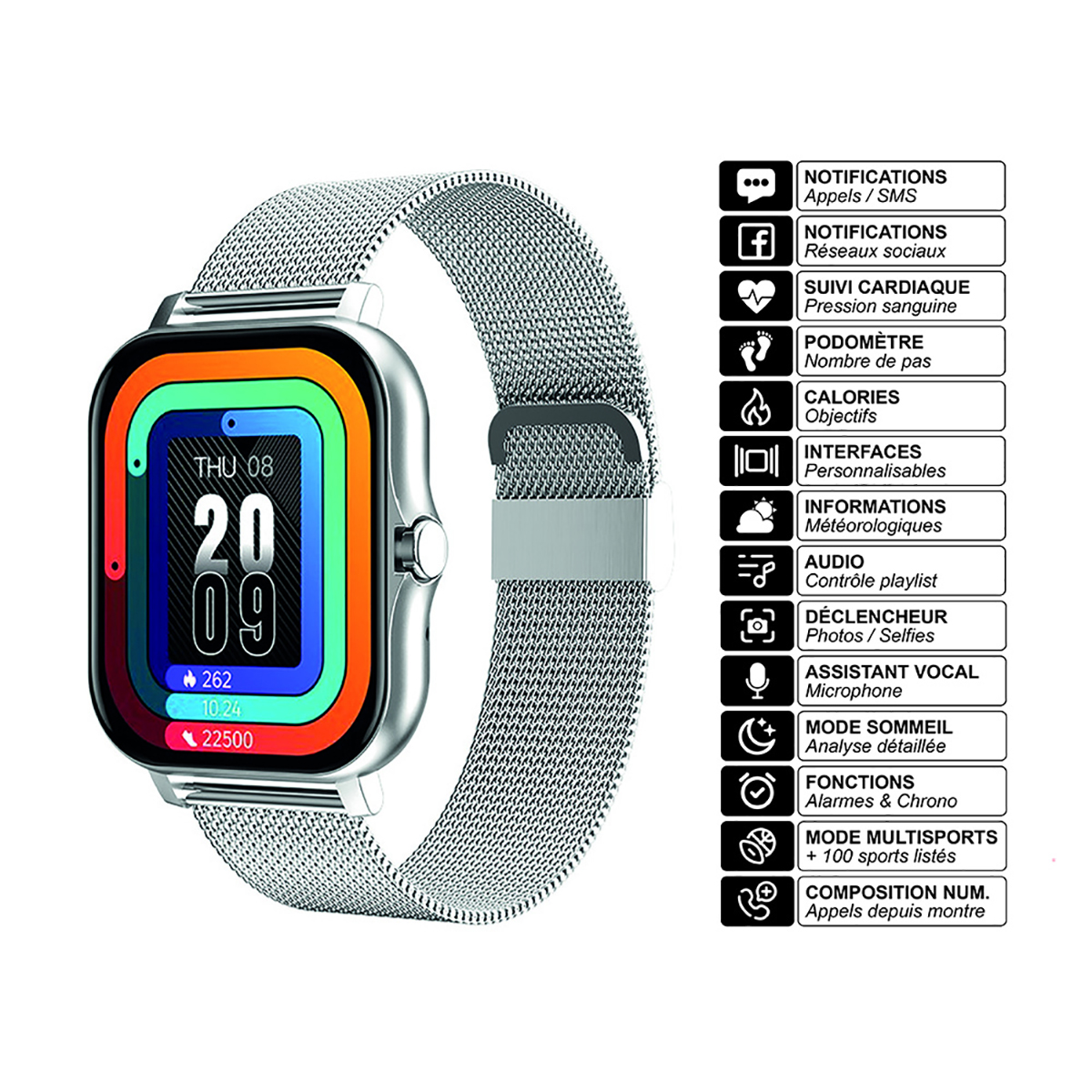 Une montre connectée avec un bracelet argenté et un écran coloré affichant l'heure, les notifications et les mesures de santé.