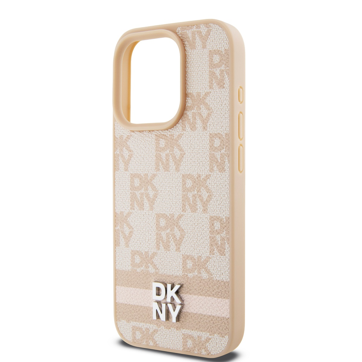 Custodia per telefono beige con motivo e logo DKNY.