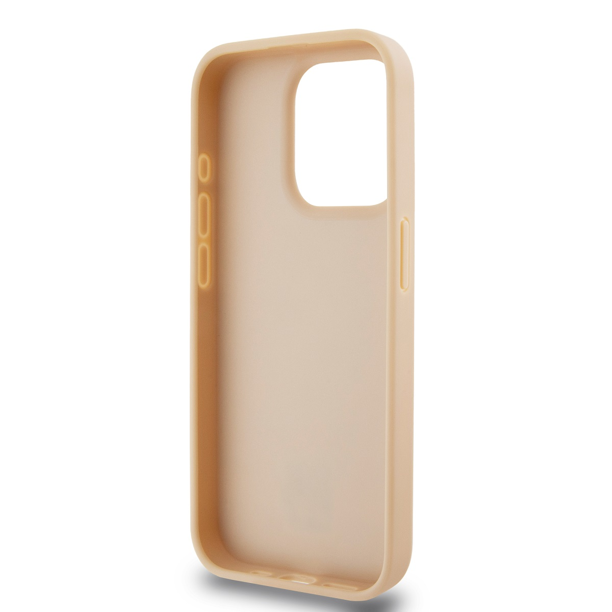 Una custodia per telefono color pesca con fori per fotocamera e pulsanti, mostrata su sfondo bianco.