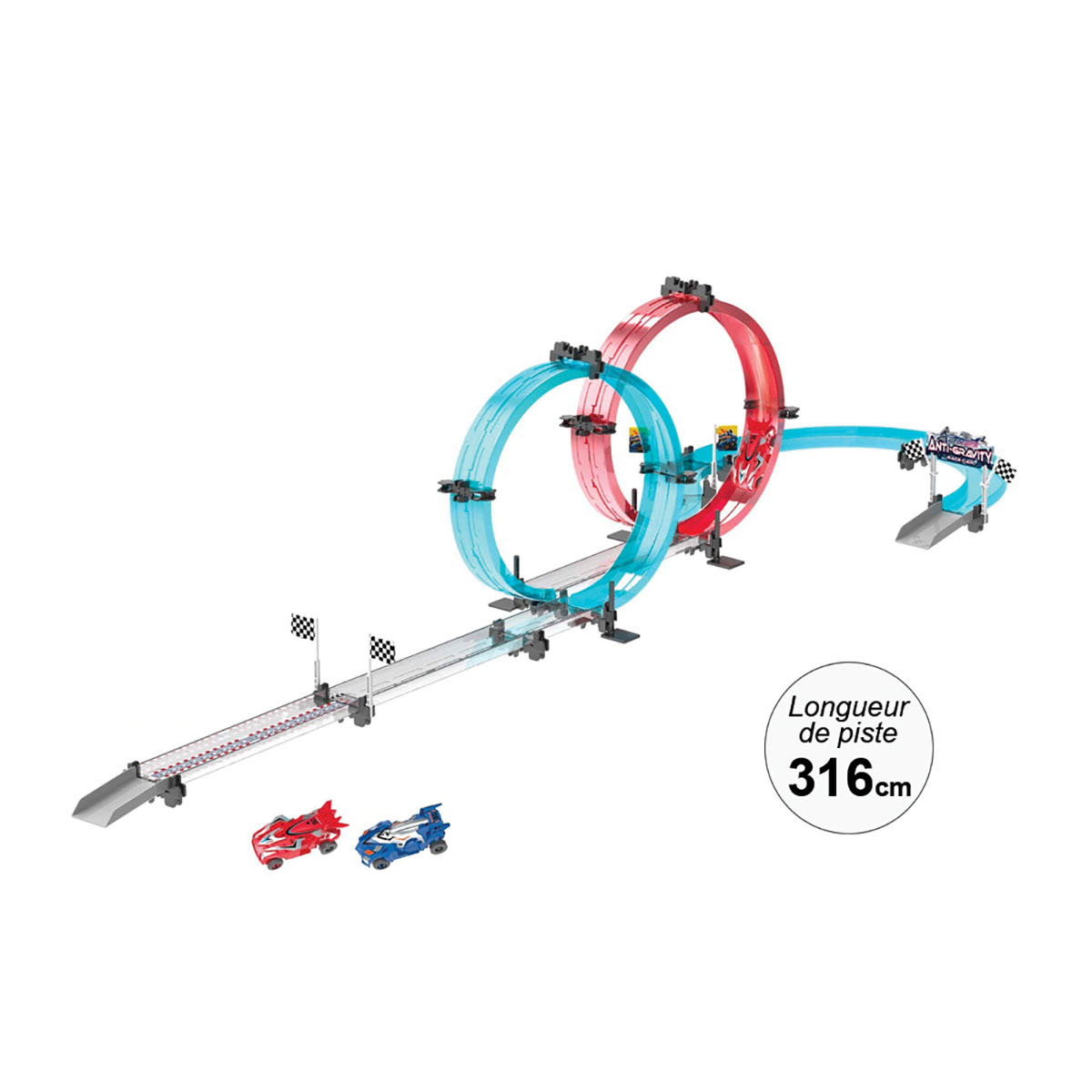 Spielzeug-Rennstrecke mit zwei Schleifen und zwei Rennwagen. Die Strecke ist blau und rot.