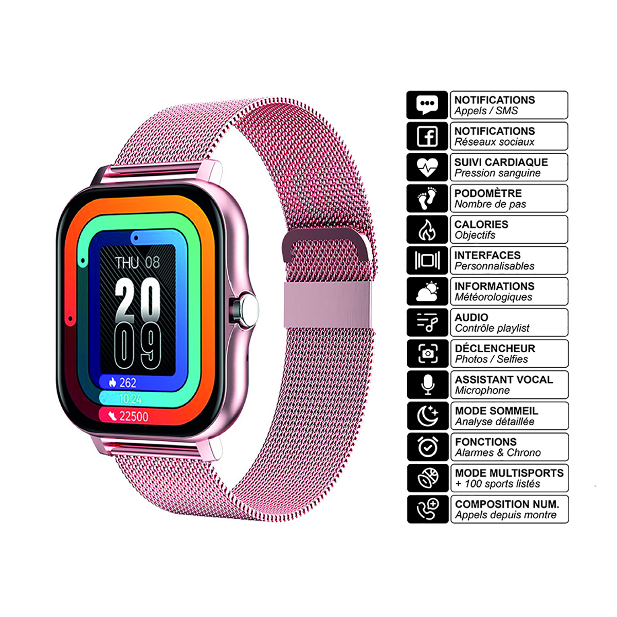 Smartwatch rose avec bracelet métallique. L'écran affiche l'heure et les données de santé. Fond blanc.