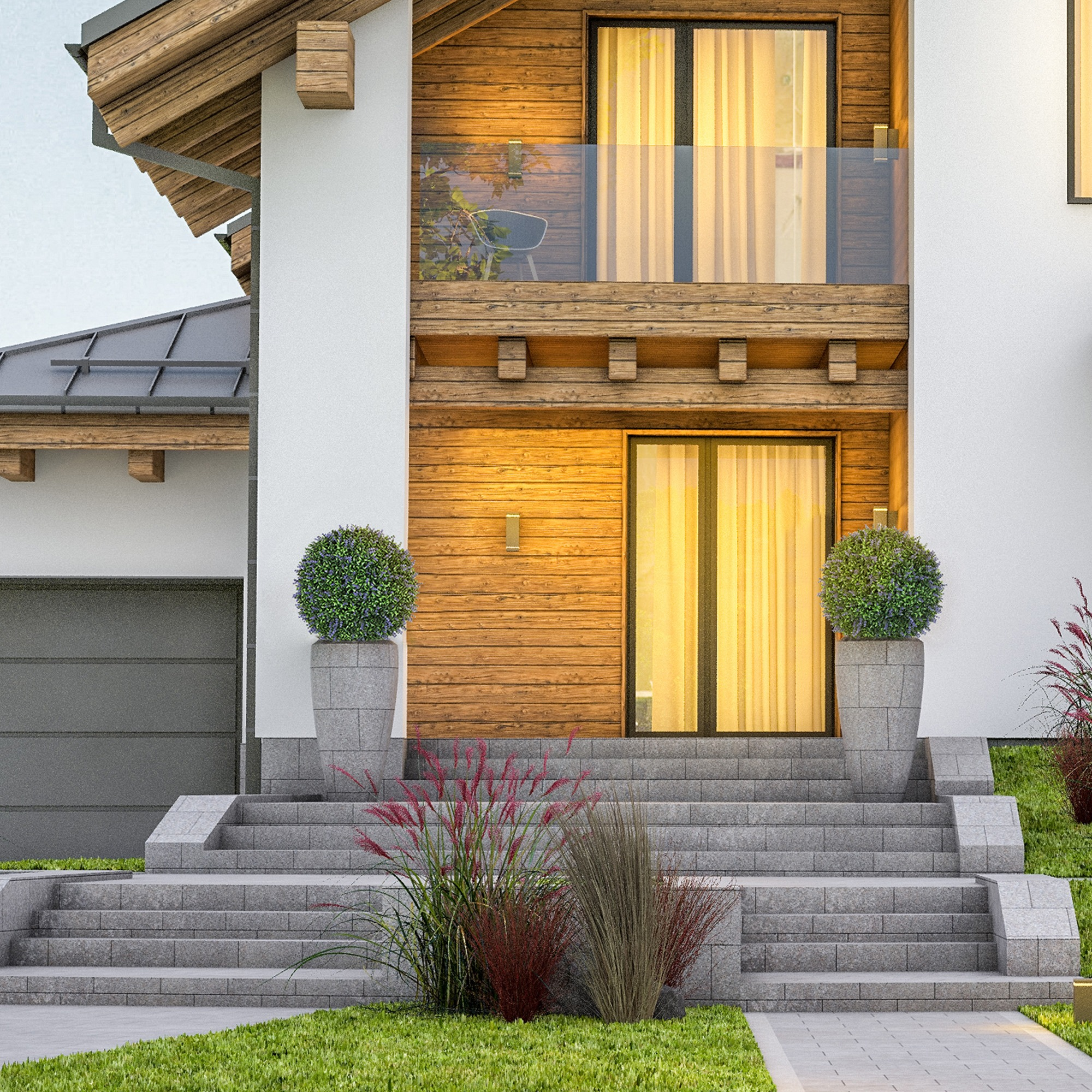 Eine moderne Hausfassade mit Steintreppen, grünen Büschen und zwei Topfpflanzen, die eine Holztür flankieren.