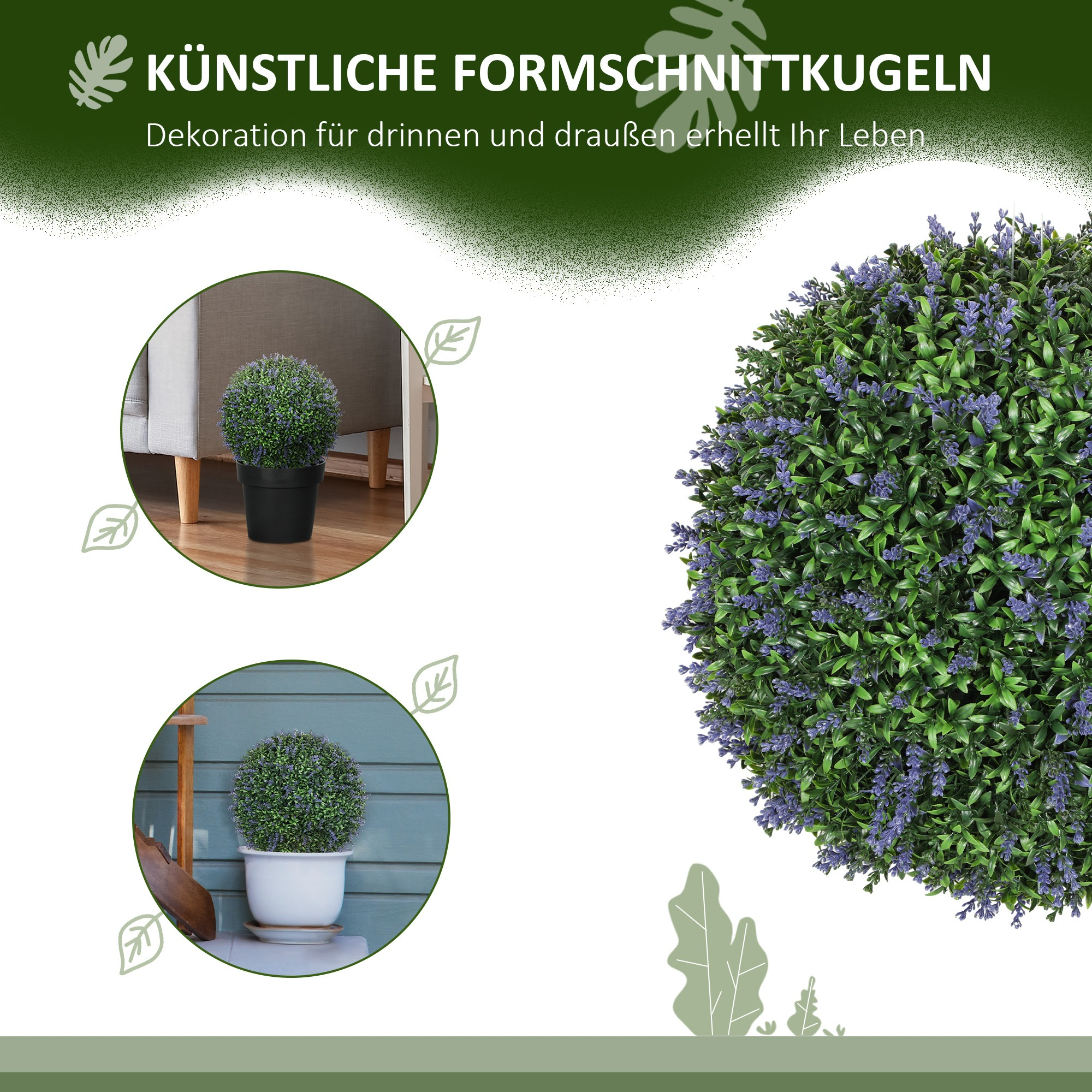 Zwei Bilder von künstlichen Buchskugeln in Töpfen und eine große Kugel. Text auf Deutsch beschreibt Produkt.