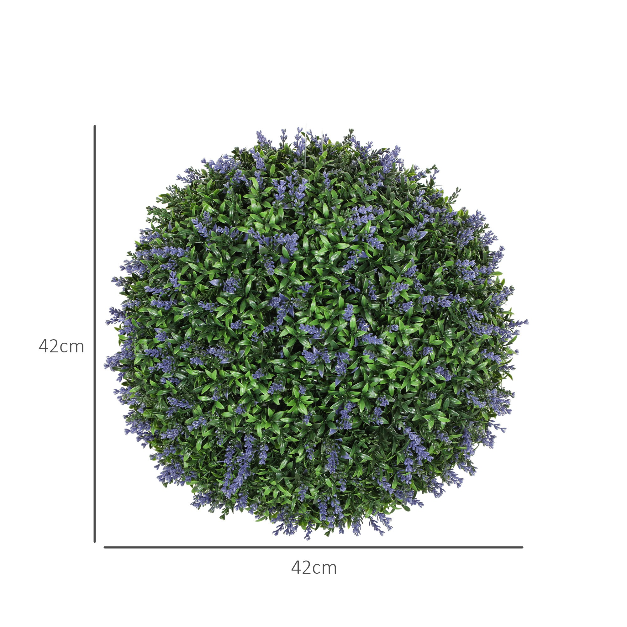 Draufsicht auf eine grüne künstliche Buchskugel mit lila Blüten. Der Ball hat 42cm Durchmesser.