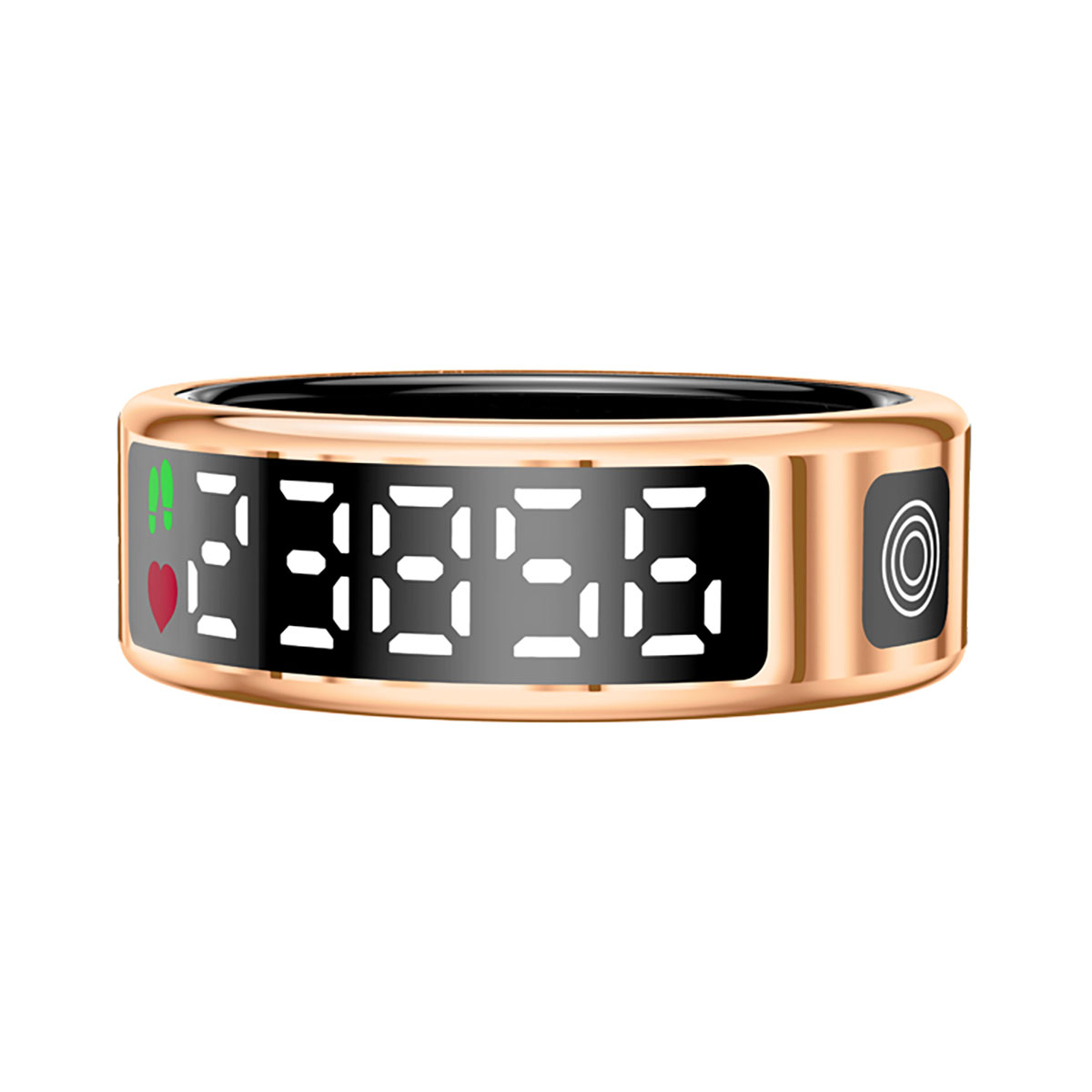 Goldener Smartring mit Digitalanzeige mit Zahlen, Herz- und Kreissymbol. Schwarzer Hintergrund.