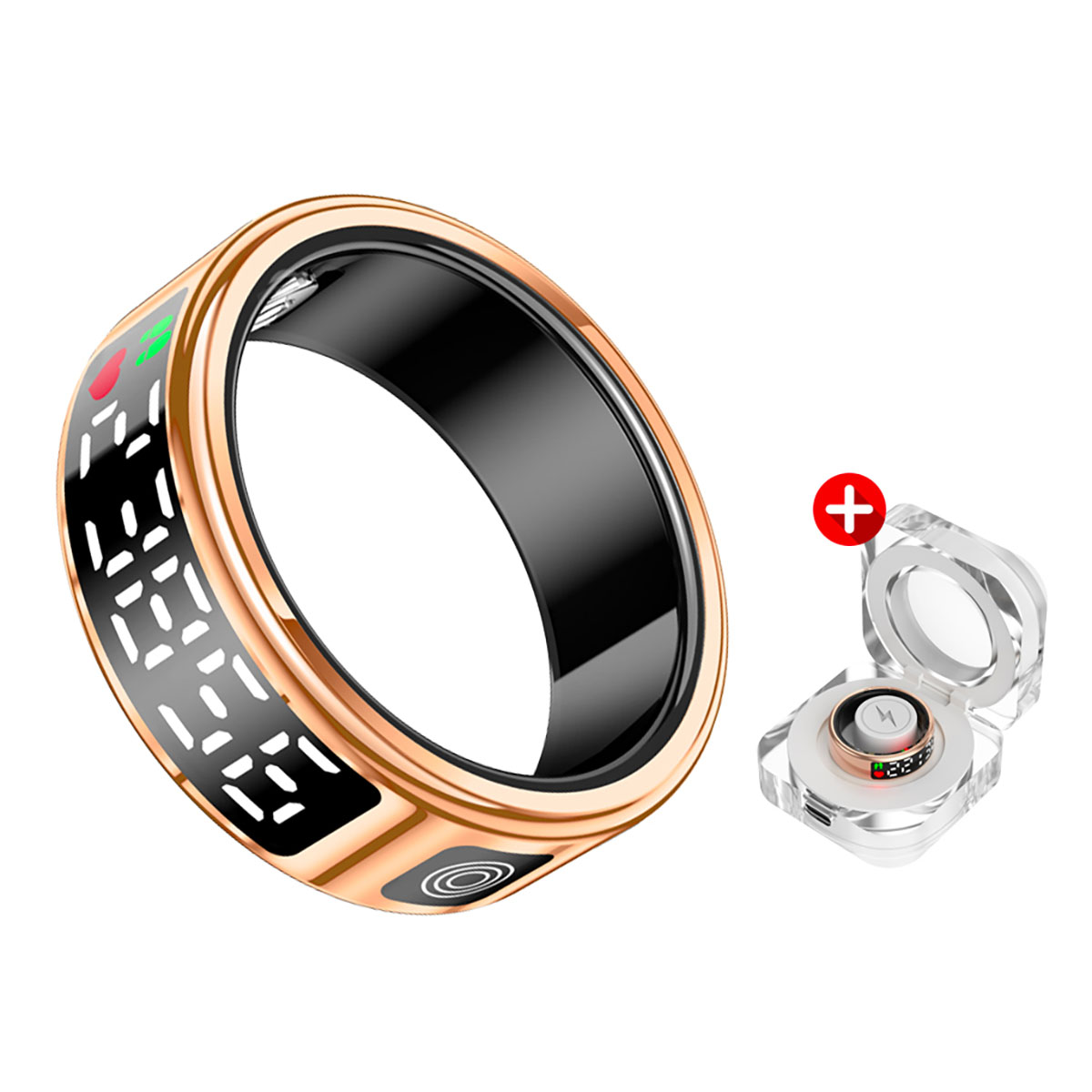 Ein goldener Smartring mit Display. Er befindet sich neben einem Ladecase. Der Ring zeigt Zahlen und ein Herzsymbol.