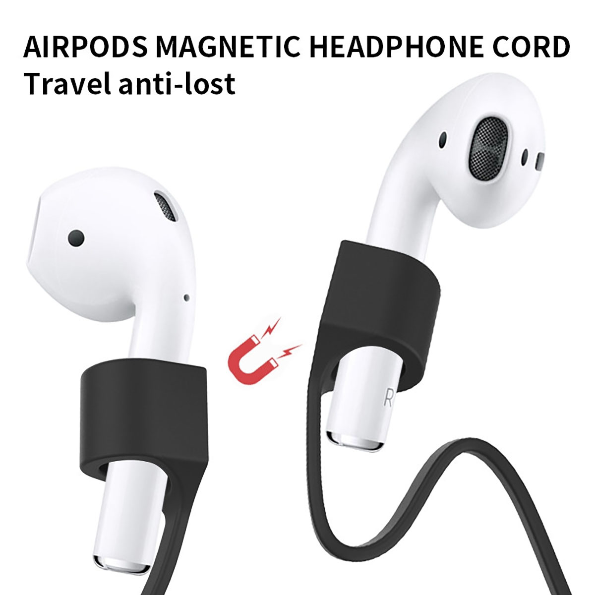 AirPods bianche con un cavo magnetico nero. Il cavo collega gli auricolari e ha un magnete rosso.