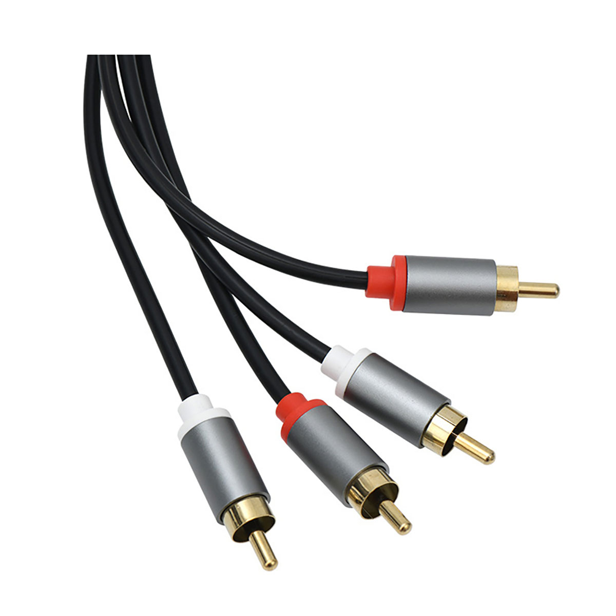 Tre cavi audio con connettori dorati, nero e grigio. Bande rosse e bianche sui connettori.