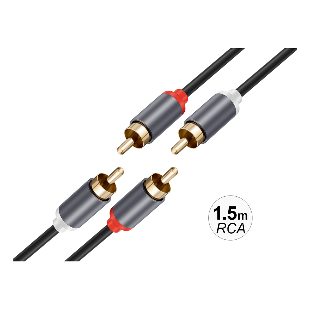 Zwei Paare Cinch-Kabel mit vergoldeten Steckern und rot/weißen Akzenten.