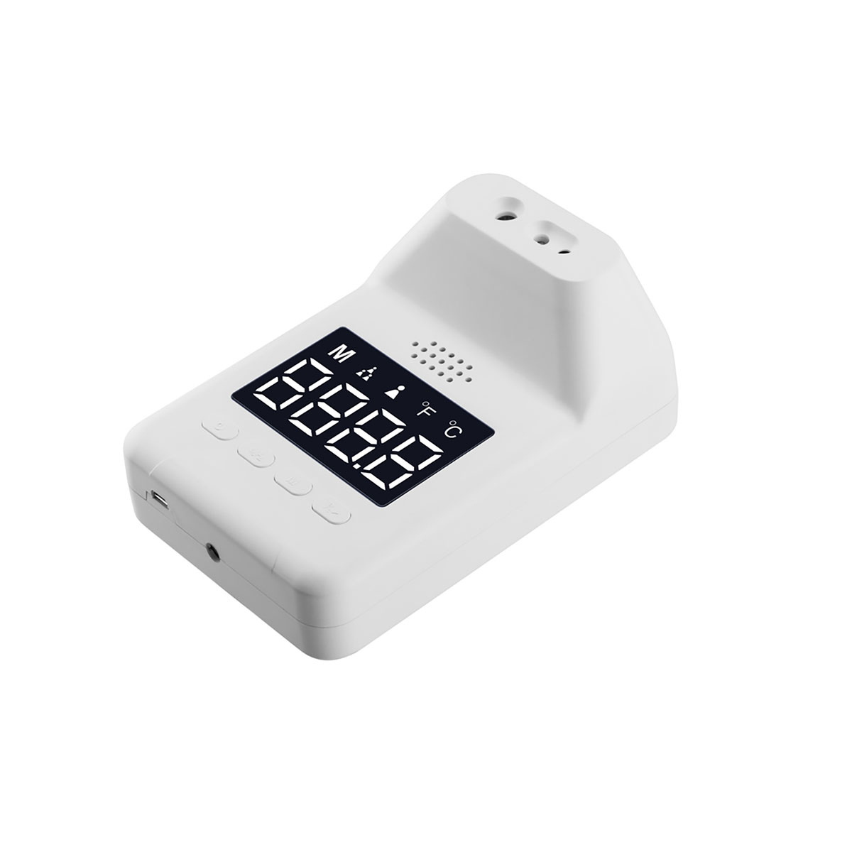 Ein weißes, an der Wand montiertes Thermometer mit digitaler Anzeige, die eine Temperatur anzeigt.