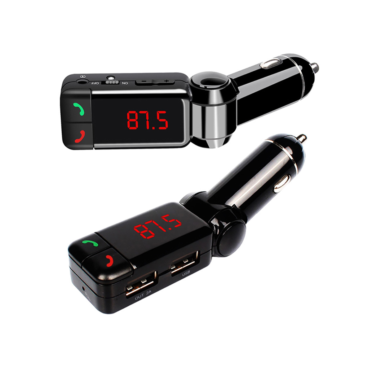 Due caricabatterie per auto neri che mostrano il display. Uno mostra 87,5, l'altro 87,5 e ha porte USB.