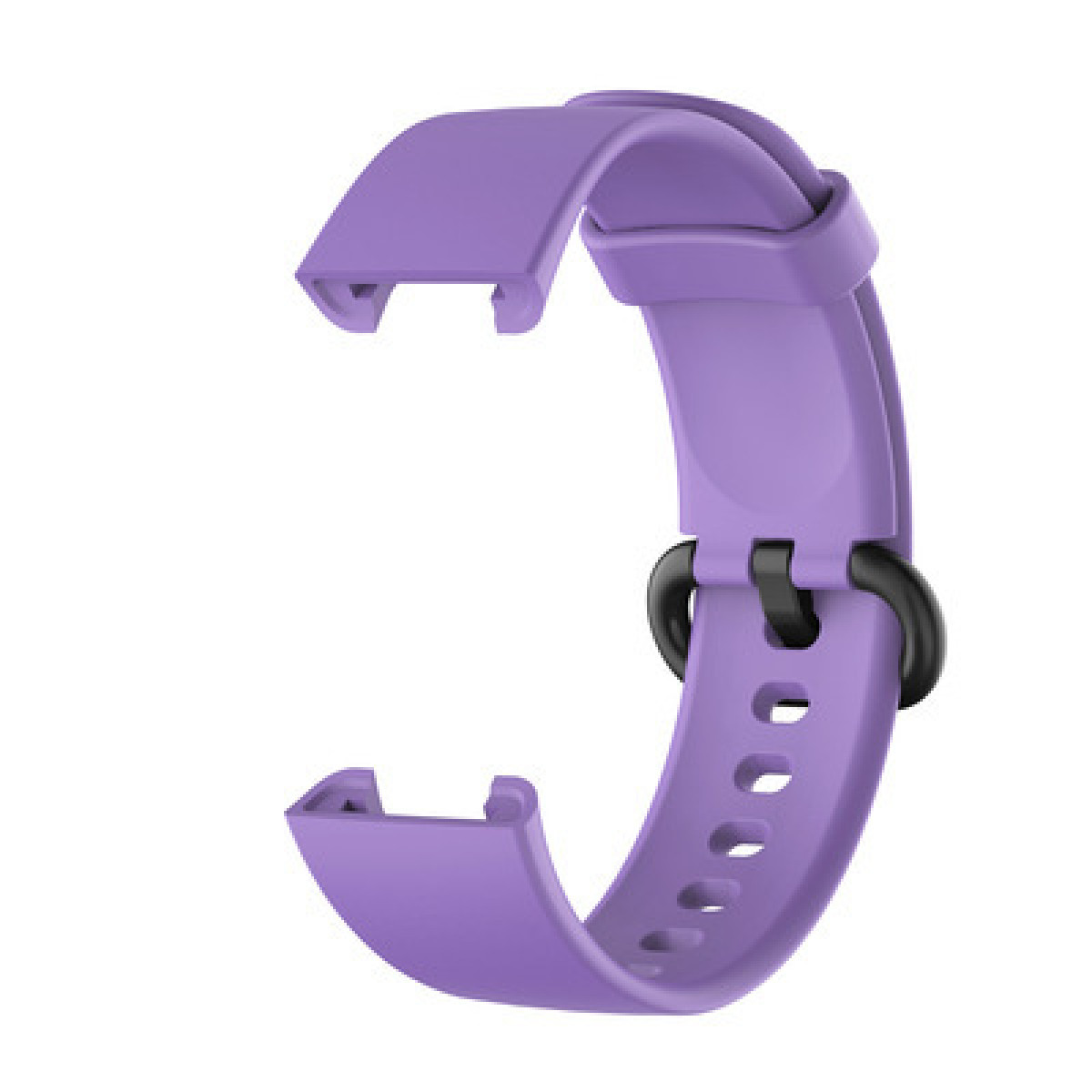 Lila Smartwatch-Armband mit schwarzem Verschluss und Löchern. Das Band ist gebogen.
