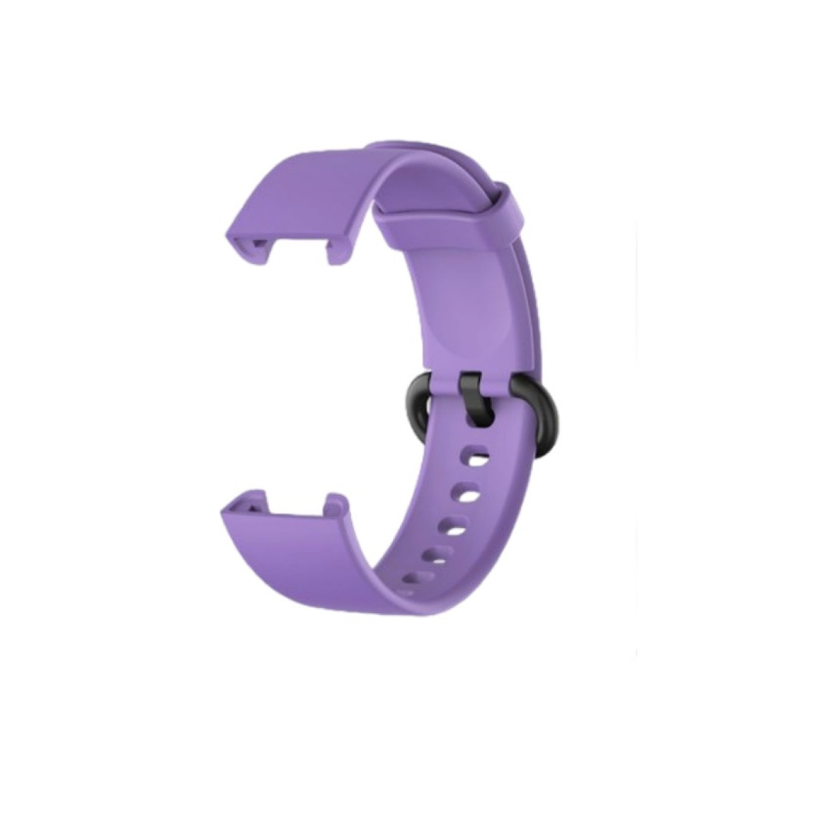 Lila Smartwatch-Armband mit schwarzem Verschluss und Löchern. Das Band ist gebogen.