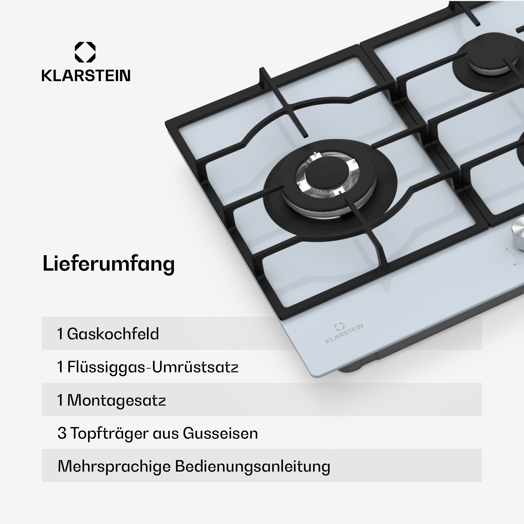 Gaskochfeld mit vier Brennern, weißer Oberfläche und schwarzen Gitterträgern, mit 'KLARSTEIN'-Logo.
