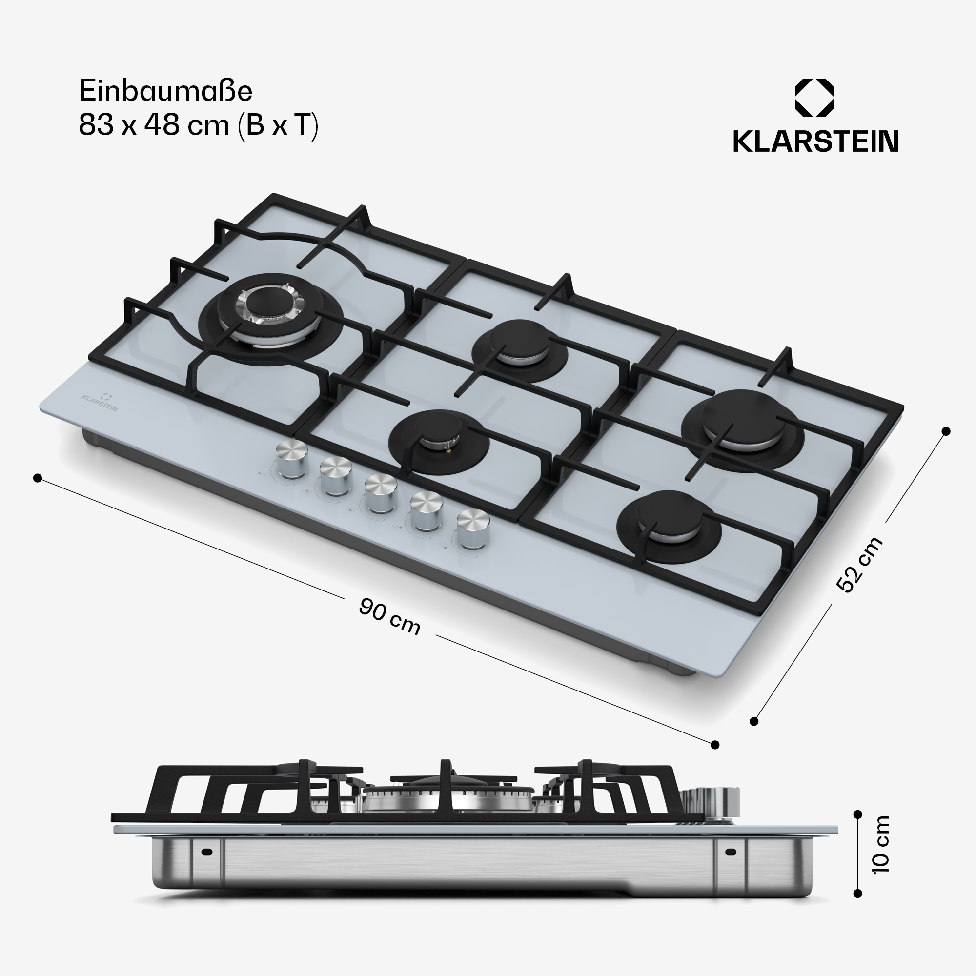 Gaskochfeld mit sechs Brennern, weißer Oberfläche, schwarzen Gitterträgern und cm-Angaben.