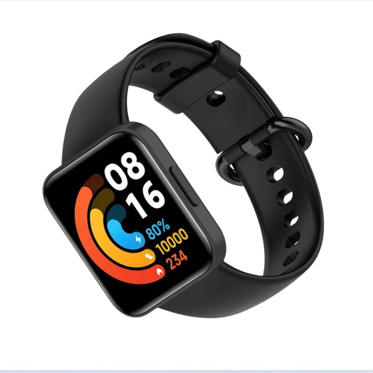 Schwarze Smartwatch zeigt Zeit, Akku und Gesundheitsdaten an.
