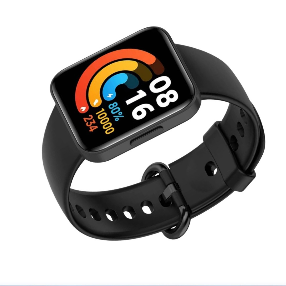 Schwarze Smartwatch mit farbenfrohem Display, das Zeit und Gesundheitsdaten anzeigt, auf weißem Hintergrund.