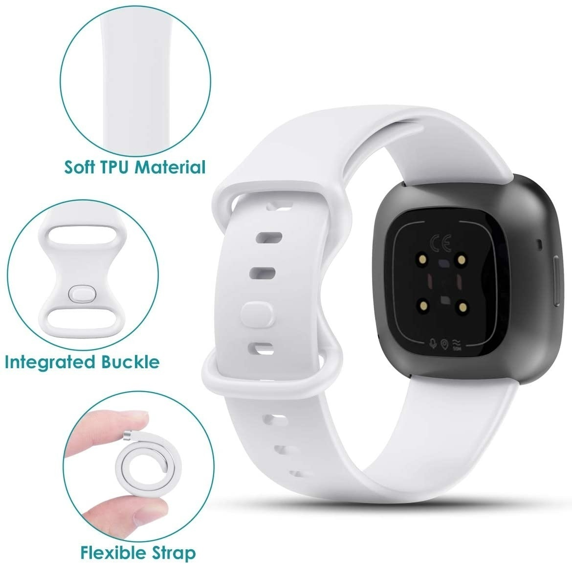 Weißes Smartwatch-Armband mit integrierter Schnalle und flexiblen Banddetails sowie schwarzem Zifferblatt.