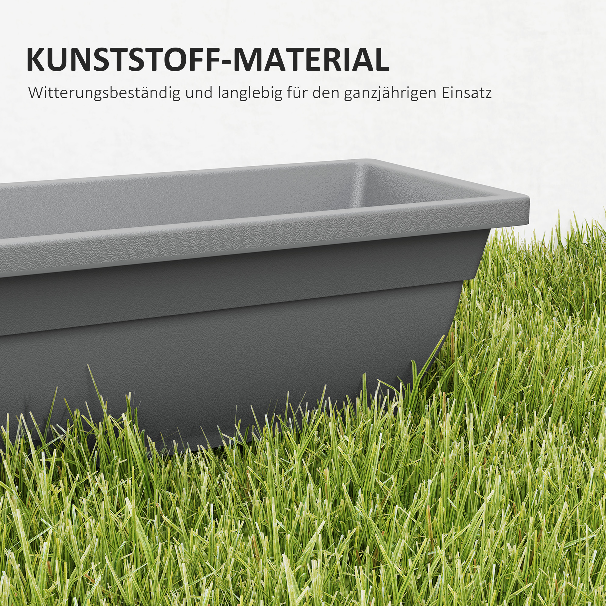Nahaufnahme eines grauen Pflanzgefäßes im grünen Gras. Text: 'Kunststoff-Material'.