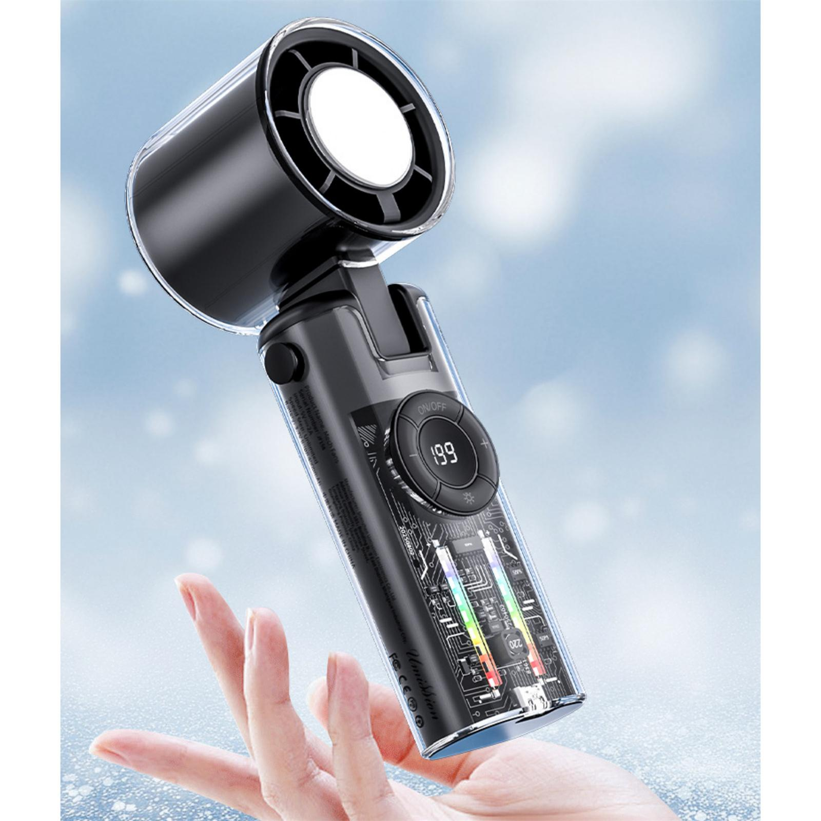 Eine Hand, die einen schwarzen und durchsichtigen Ventilator hält. Der Ventilator ist eingeschaltet. Der Hintergrund ist ein blauer Himmel.