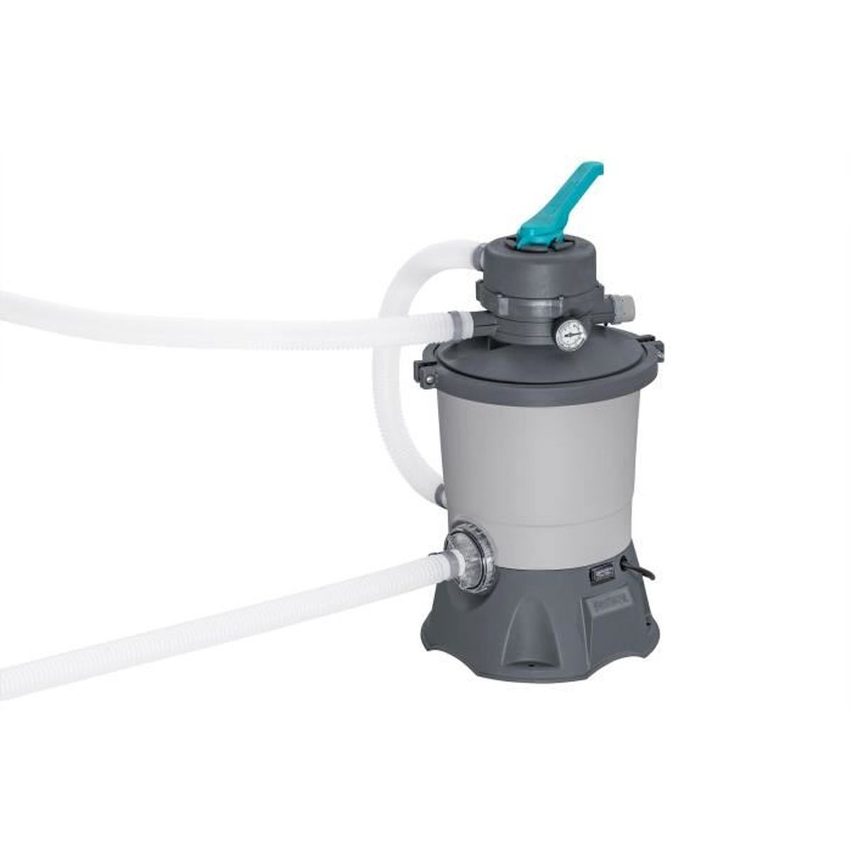 Szary system filtrów i pomp z podłączonymi białymi rurkami, na białym tle.